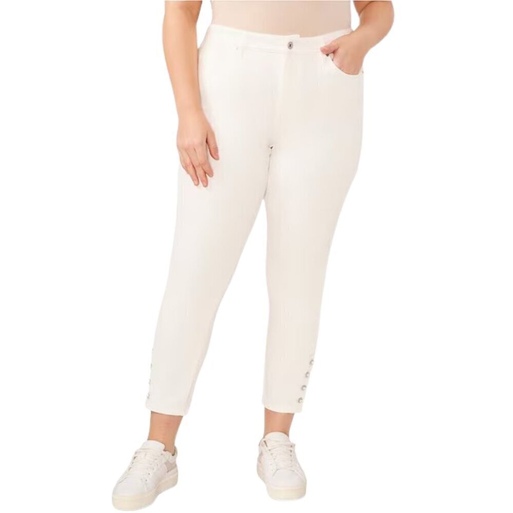 NWT CeCe High-Rise Denim Crystal Pearl Button Detail Skinny Jeans in Ultra White